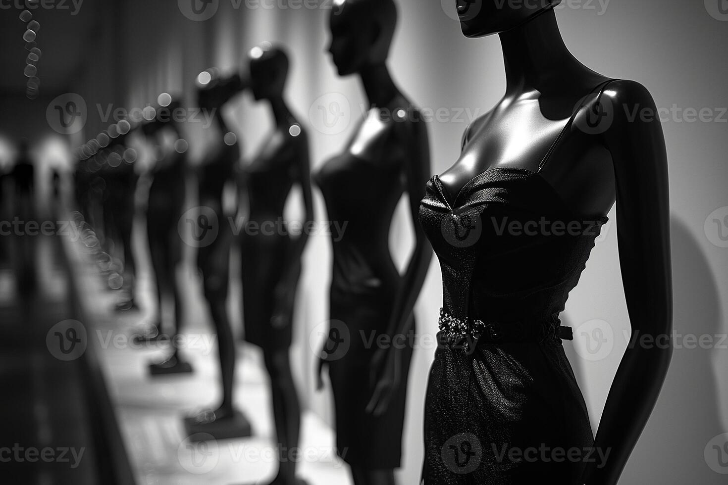 Luxurious fashionable black evening dresses on black mannequins standing in a row. Black and white image. Generated by artificial intelligence photo
