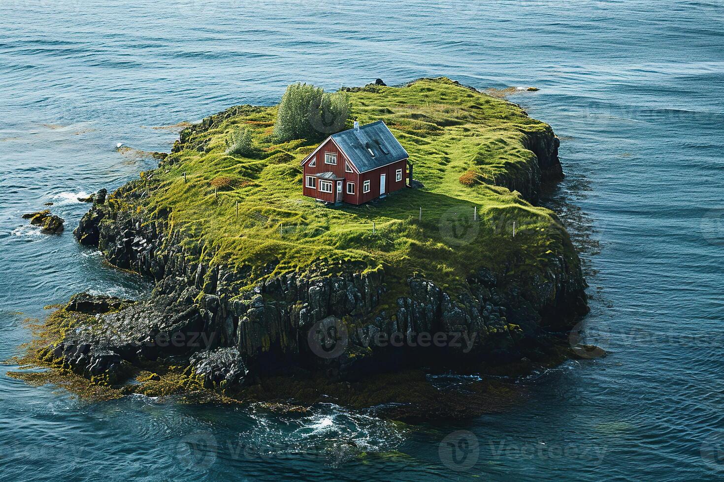 A traditional red Scandinavian fisherman's house on a small island in the middle of the ocean. Generated by artificial intelligence photo
