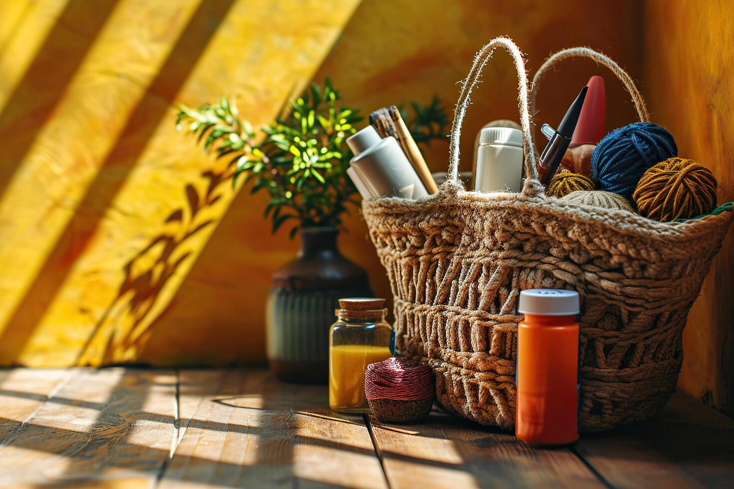 A bag of DIY art supplies. The concept of hobbies and useful recreation. photo