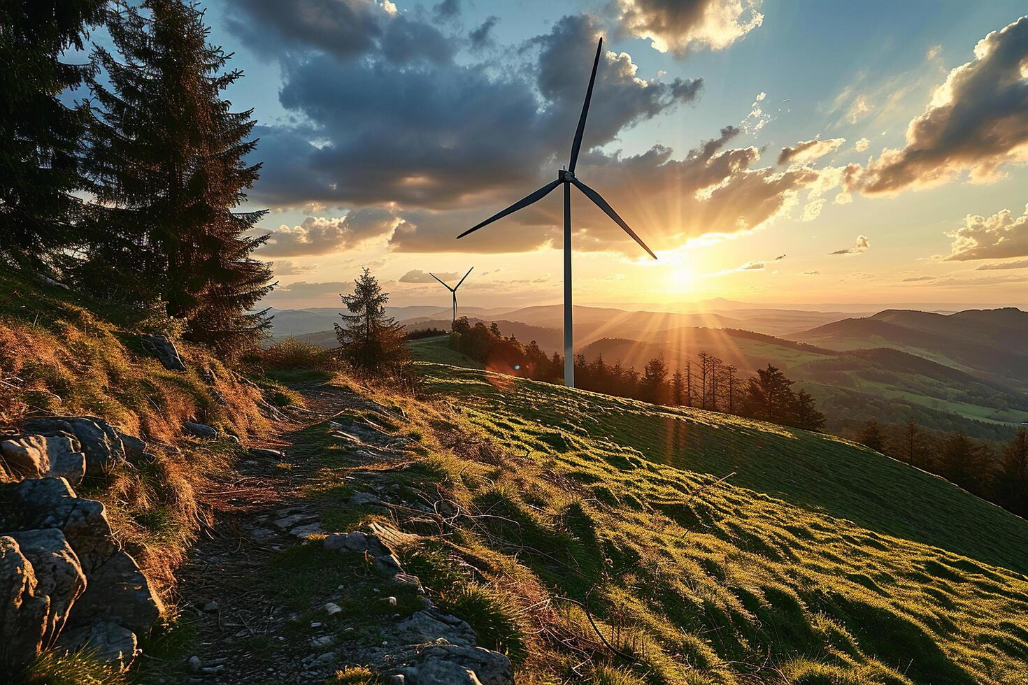 Windmill, turbine in the middle of green hills at sunset, dawn. Alternative energy concept. photo