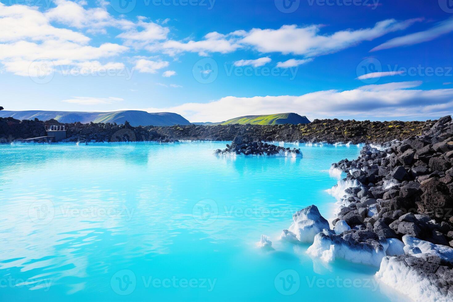 Beautiful blue lagoon in the evening. Generated by artificial intelligence photo