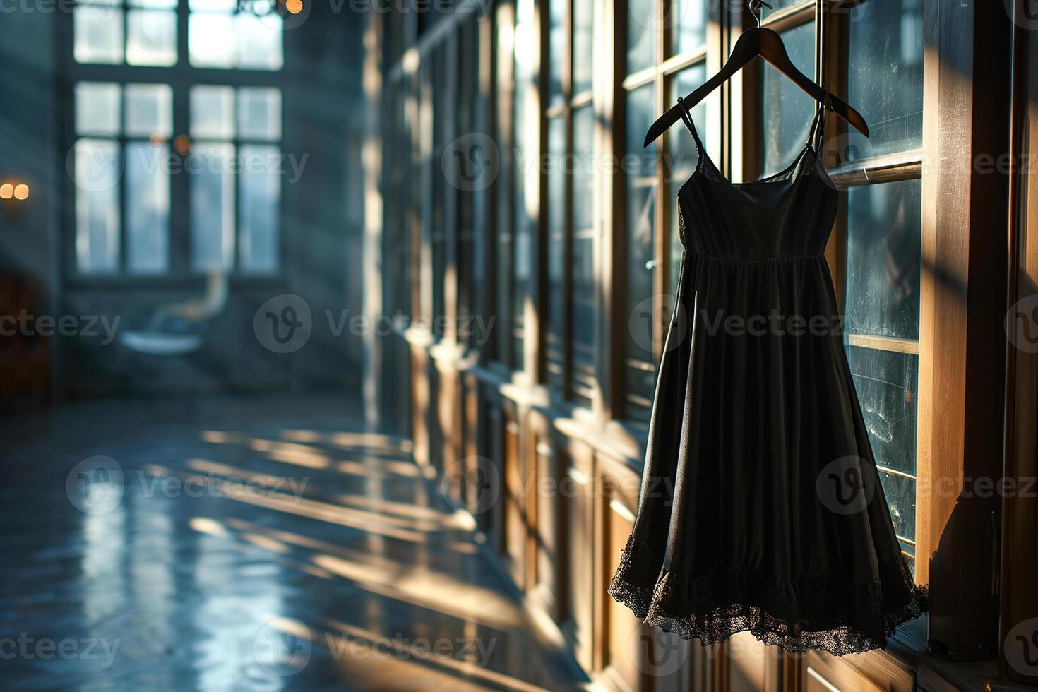 Blurred horizontal background with a black elegant evening dress on a hanger and space for text. Generated by artificial intelligence photo