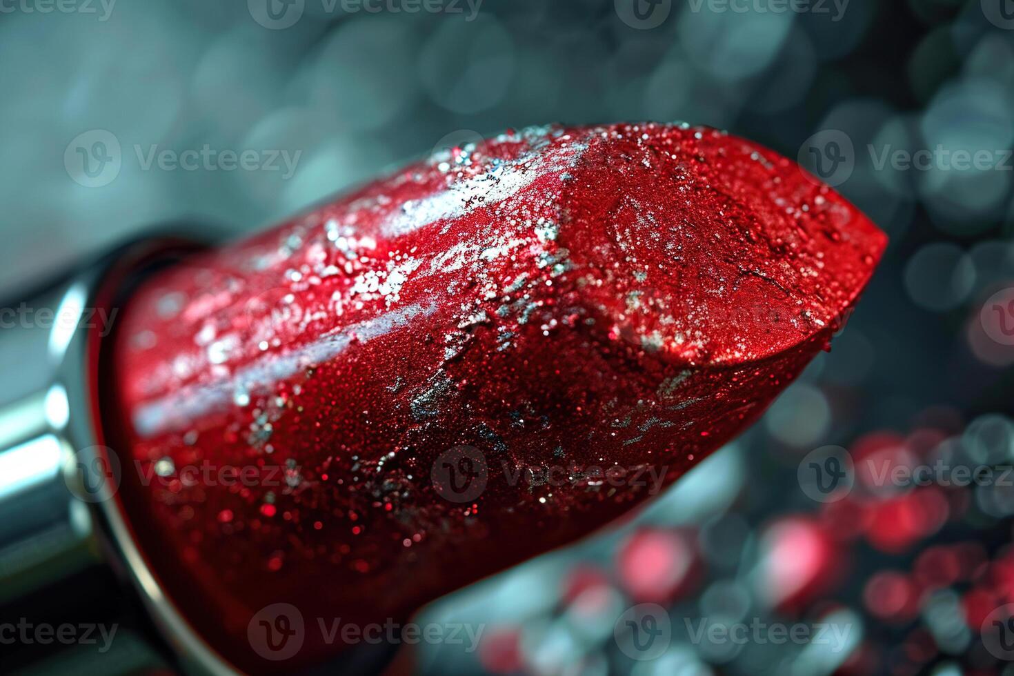 de cerca de rojo lápiz labial con Brillantina. generado por artificial inteligencia foto