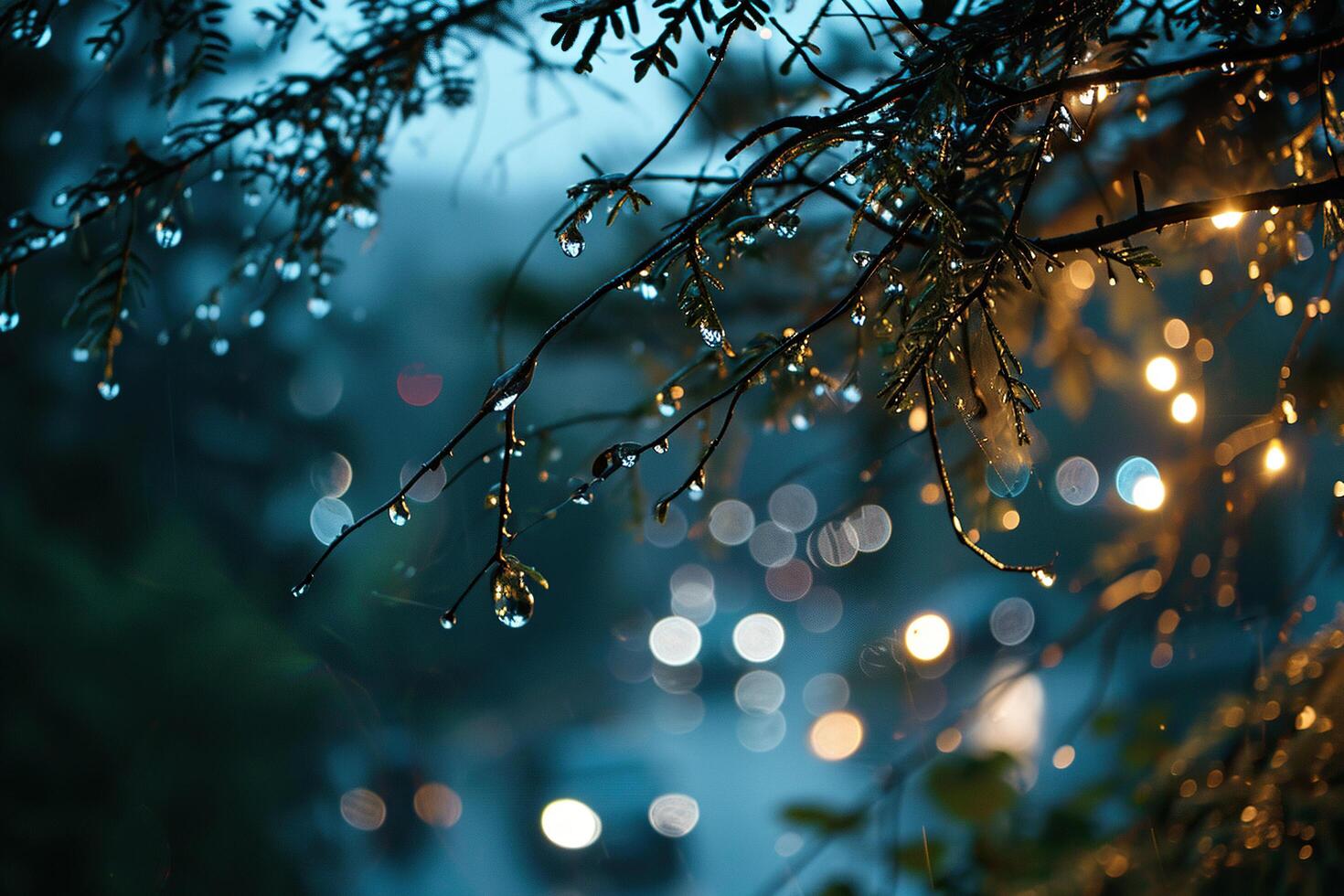 Raindrops on a branch with bokeh background. Generated by artificial intelligence photo