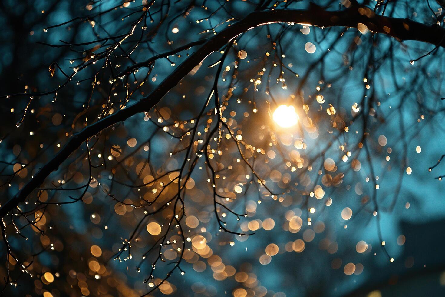 Raindrops on a branch with bokeh background. Generated by artificial intelligence photo