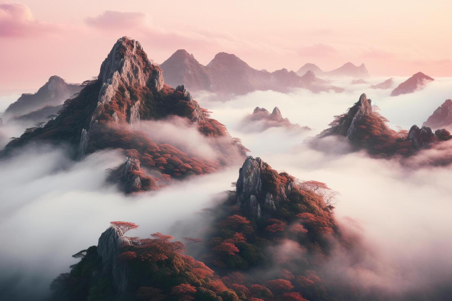 High rocks in pink clouds and fog. Beautiful landscape of mountain peaks. Generated by artificial intelligence photo