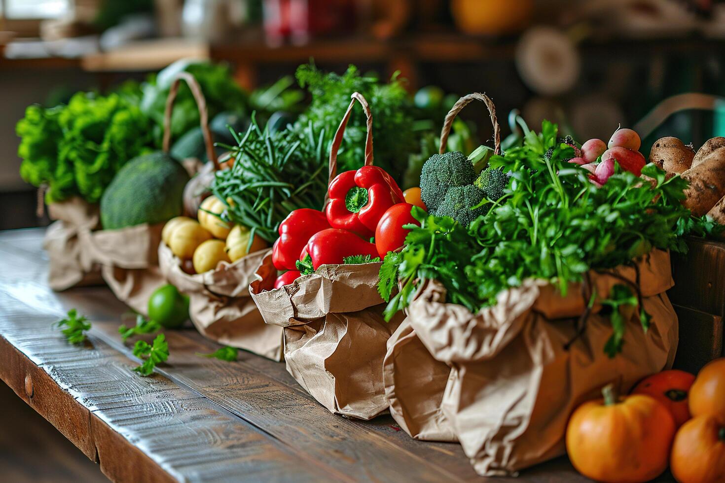 Healthy eating. Packages full of fresh vegetables and herbs on a wooden table. photo