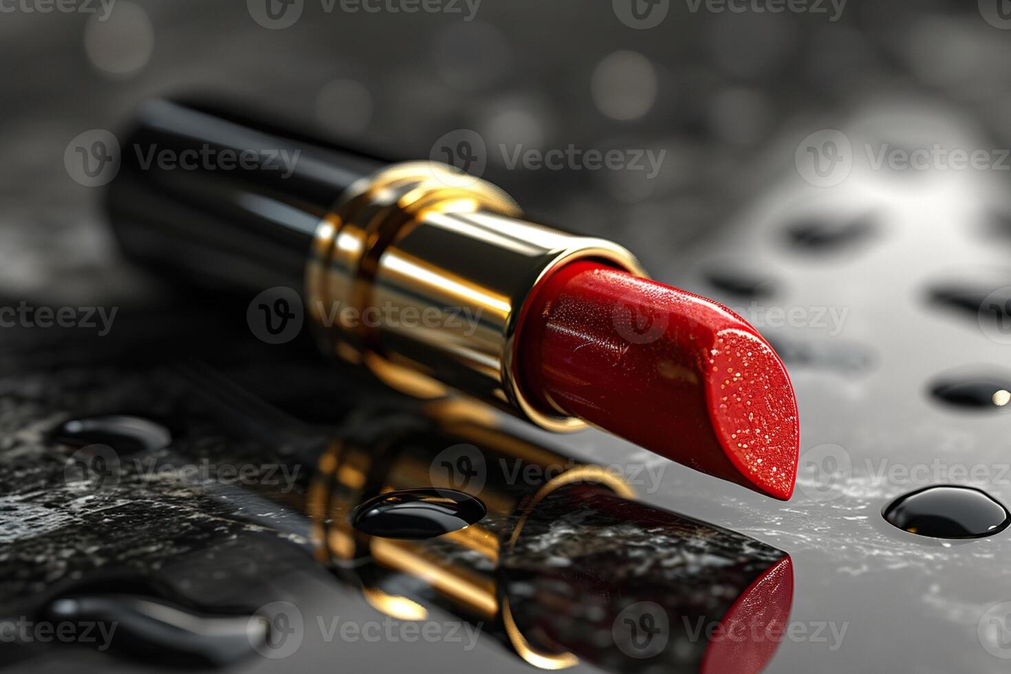 Open red lipstick lies on a wet surface close-up. Generated by artificial intelligence photo