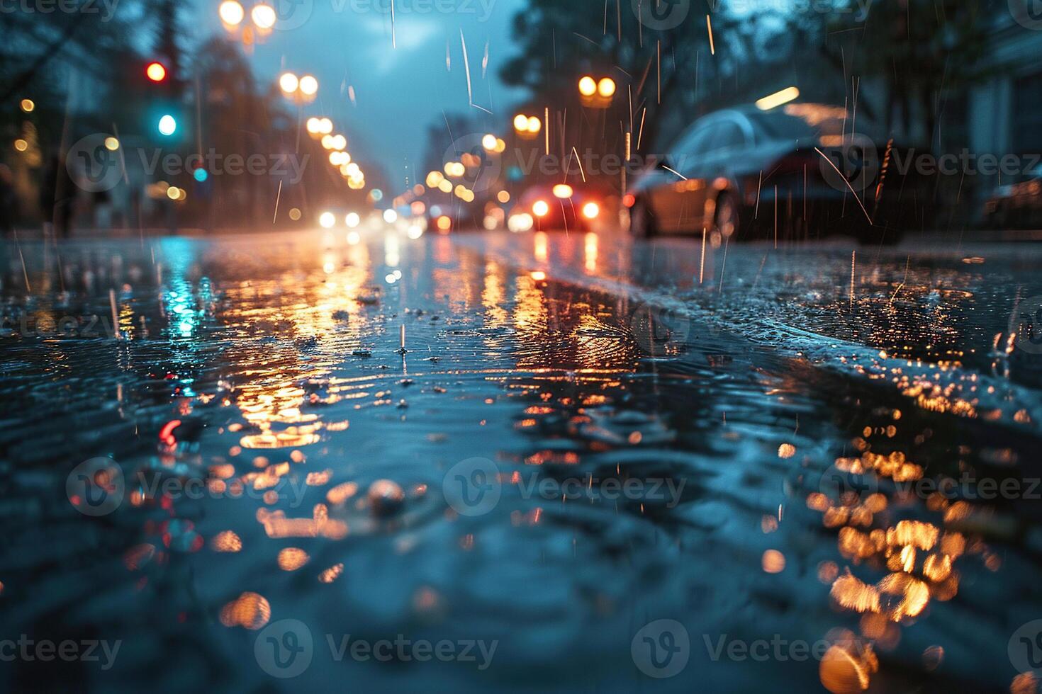 Close-up of wet asphalt on the roadway with headlights in the evening and with bokeh background. Generated by artificial intelligence photo