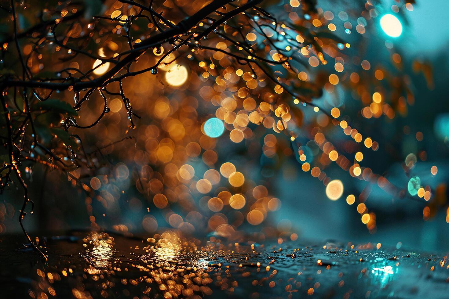 Raindrops on a branch with bokeh background. Generated by artificial intelligence photo