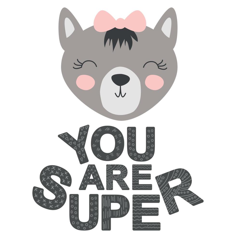Cute face of an animal with lettering. Childish print for nursery in a Scandinavian style. baby posters, cards, clothes vector