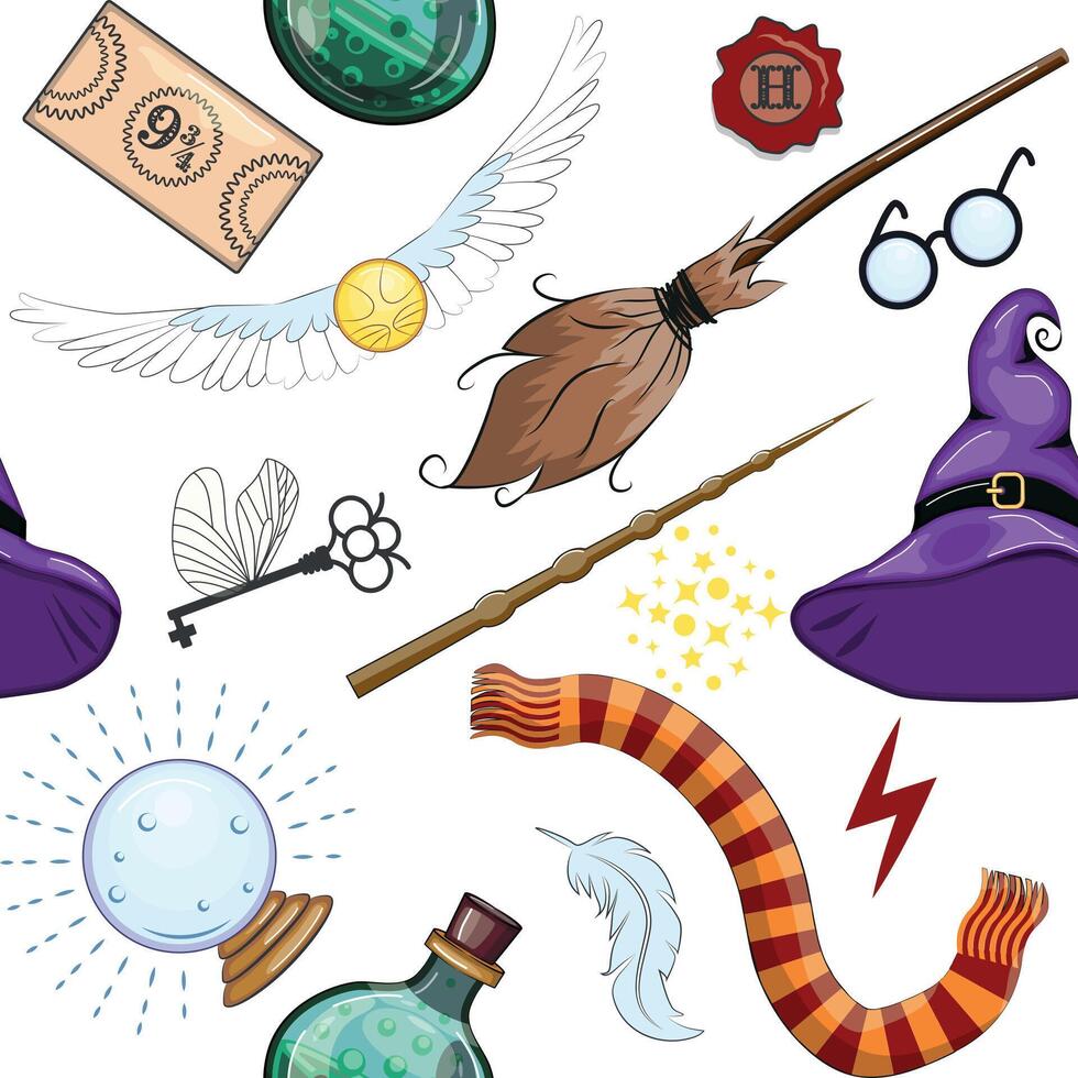 Magic items seamless pattern in flat style. School of Magic. vector