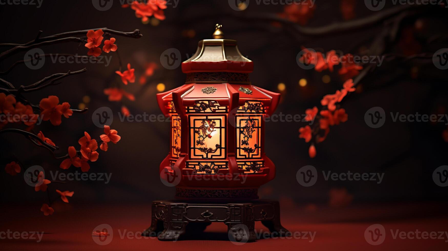 Red Lantern on Wooden Table. . photo
