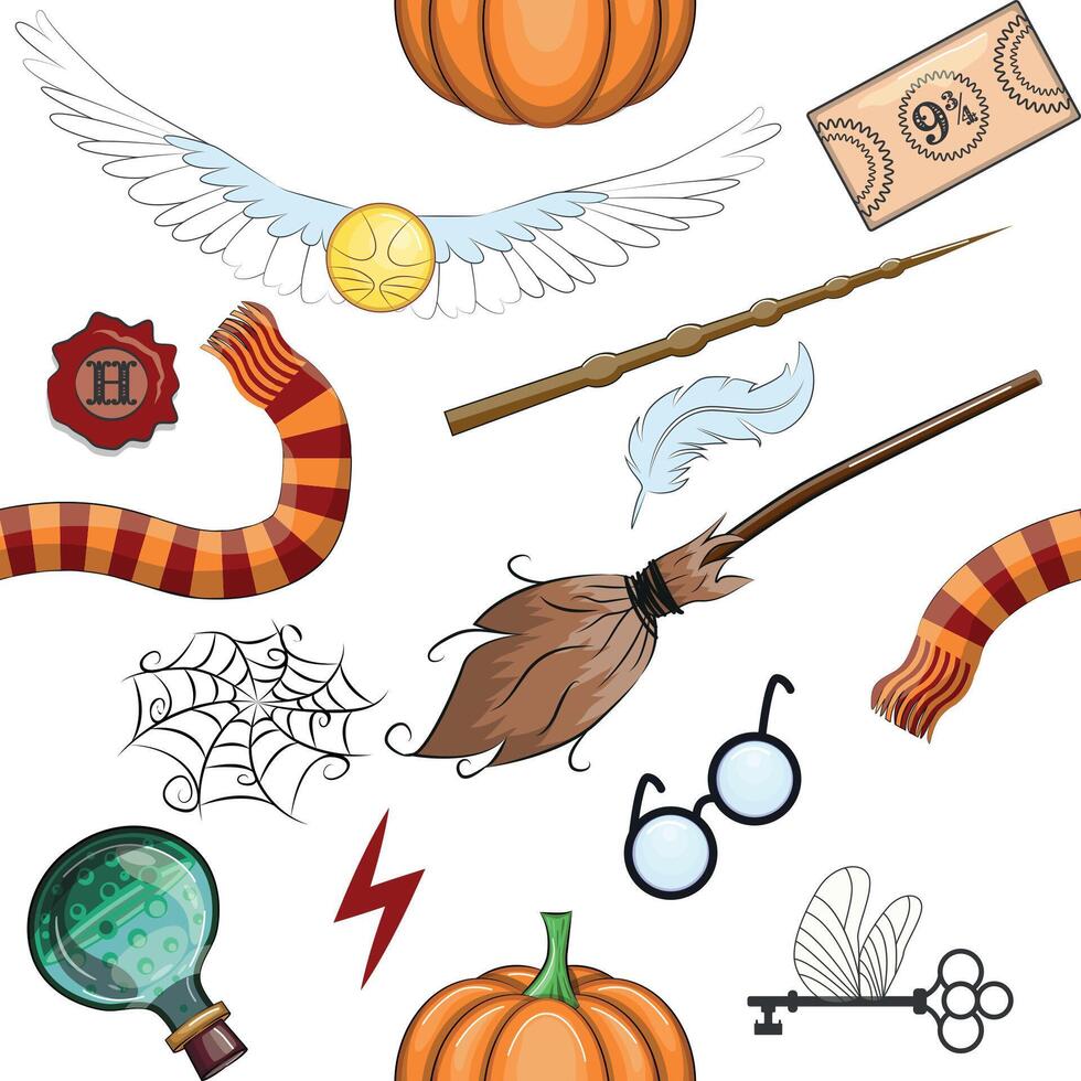 Magic items seamless pattern in flat style. School of Magic. vector