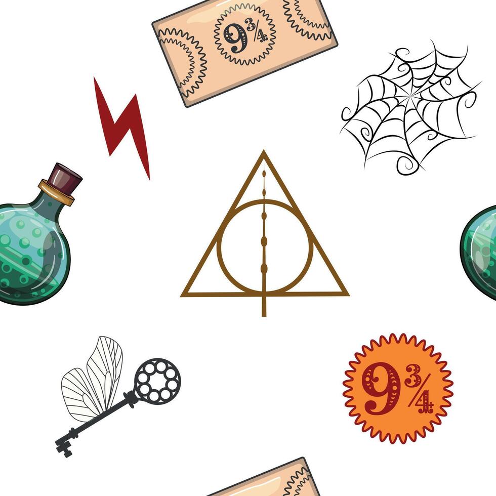 Magic items seamless pattern in flat style. School of Magic. vector