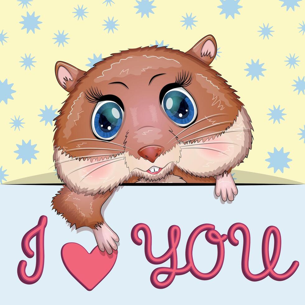 Love you valentine's day greeting card with animal. Cute hero with beautiful eyes, expressive vector