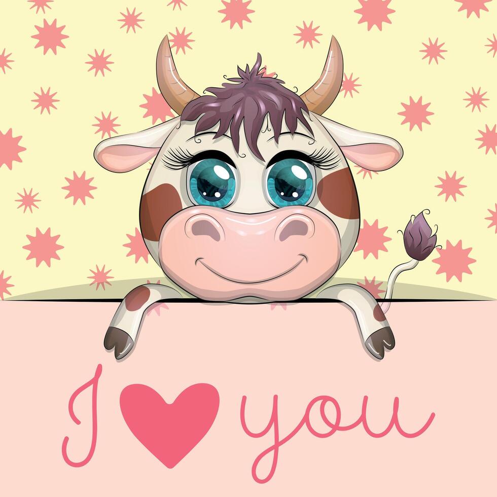 Love you valentine's day greeting card with animal. Cute hero with beautiful eyes, expressive vector