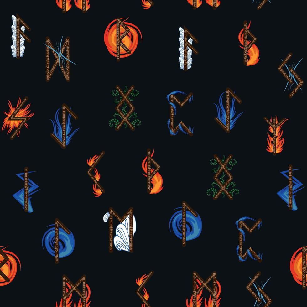 mano dibujado rúnico letras sin costura modelo con elemental simbolos magia señales y símbolos de escandinavo cultura vector