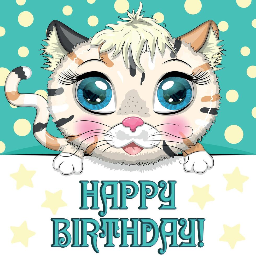 contento cumpleaños tarjetas con animales linda héroe con hermosa ojos vector