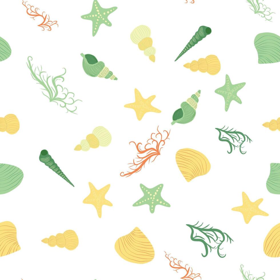 Seamless pattern with starfish, corals, pearls and seashells. background with marine theme. vector