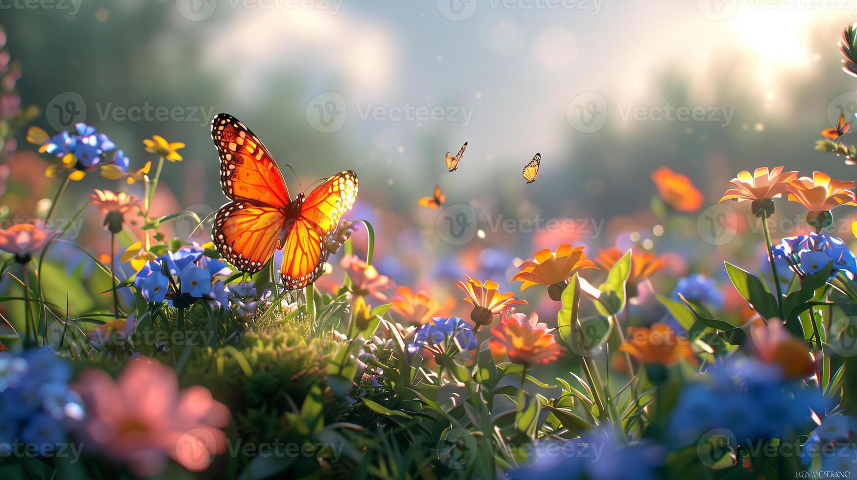 verano prado con floreciente flores, hierbas y mariposas foto