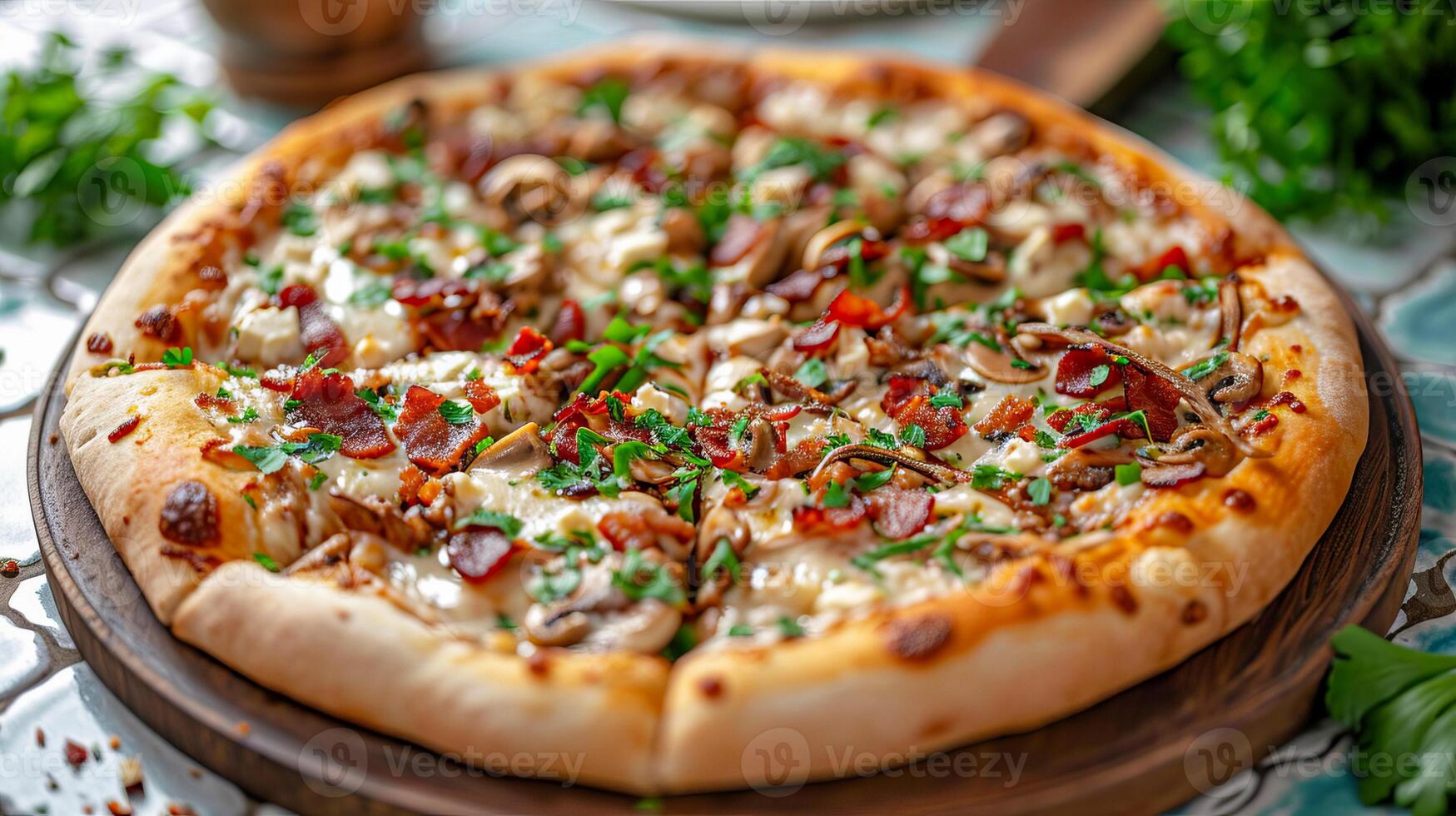 Pizza with wild mushrooms, bacon, cream cheese and stracciatella. . photo