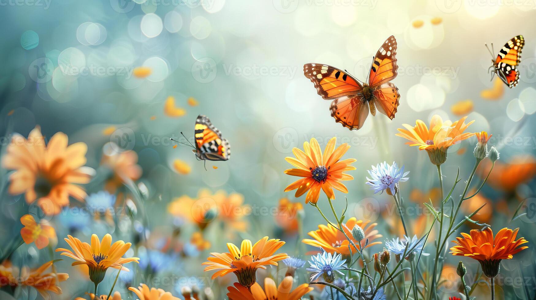 verano prado con floreciente flores, hierbas y mariposas foto