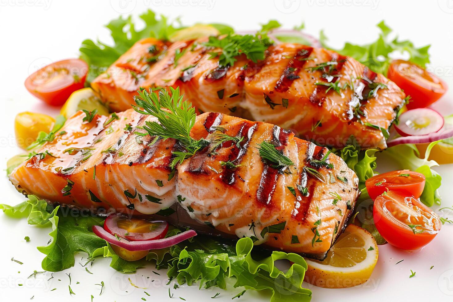 Grilled salmon steak with fresh vegetables. Healthy food. . photo