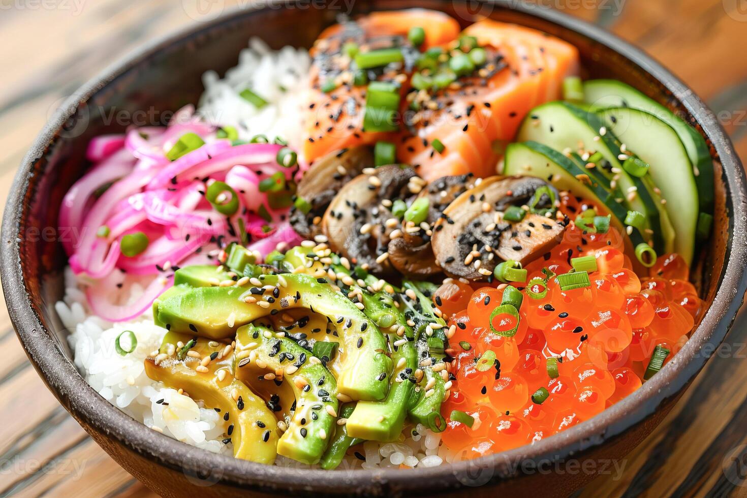Bowl with salmon, avocado and other ingredients. Healthy food. . photo