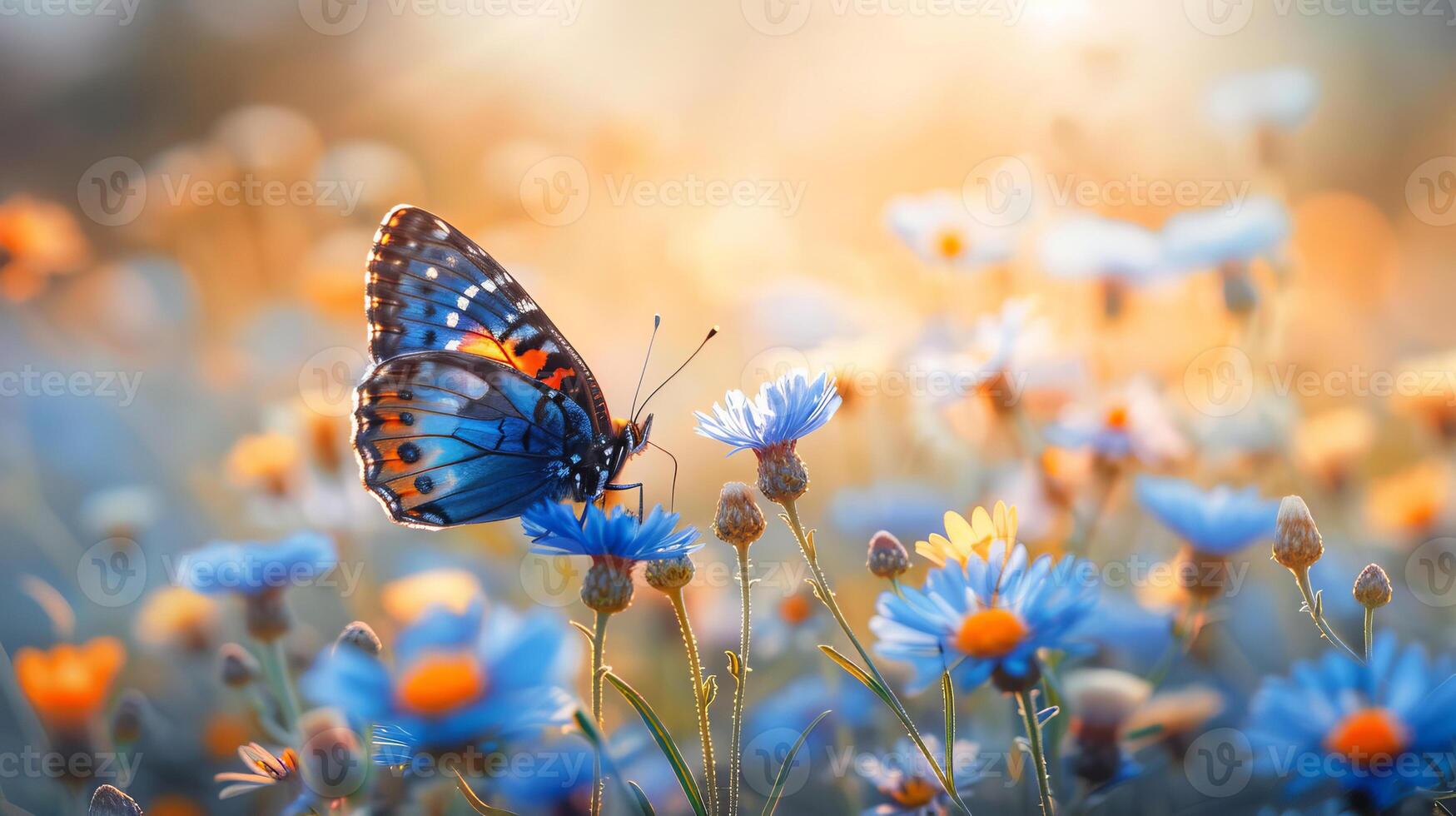 verano prado con floreciente flores, hierbas y mariposas foto