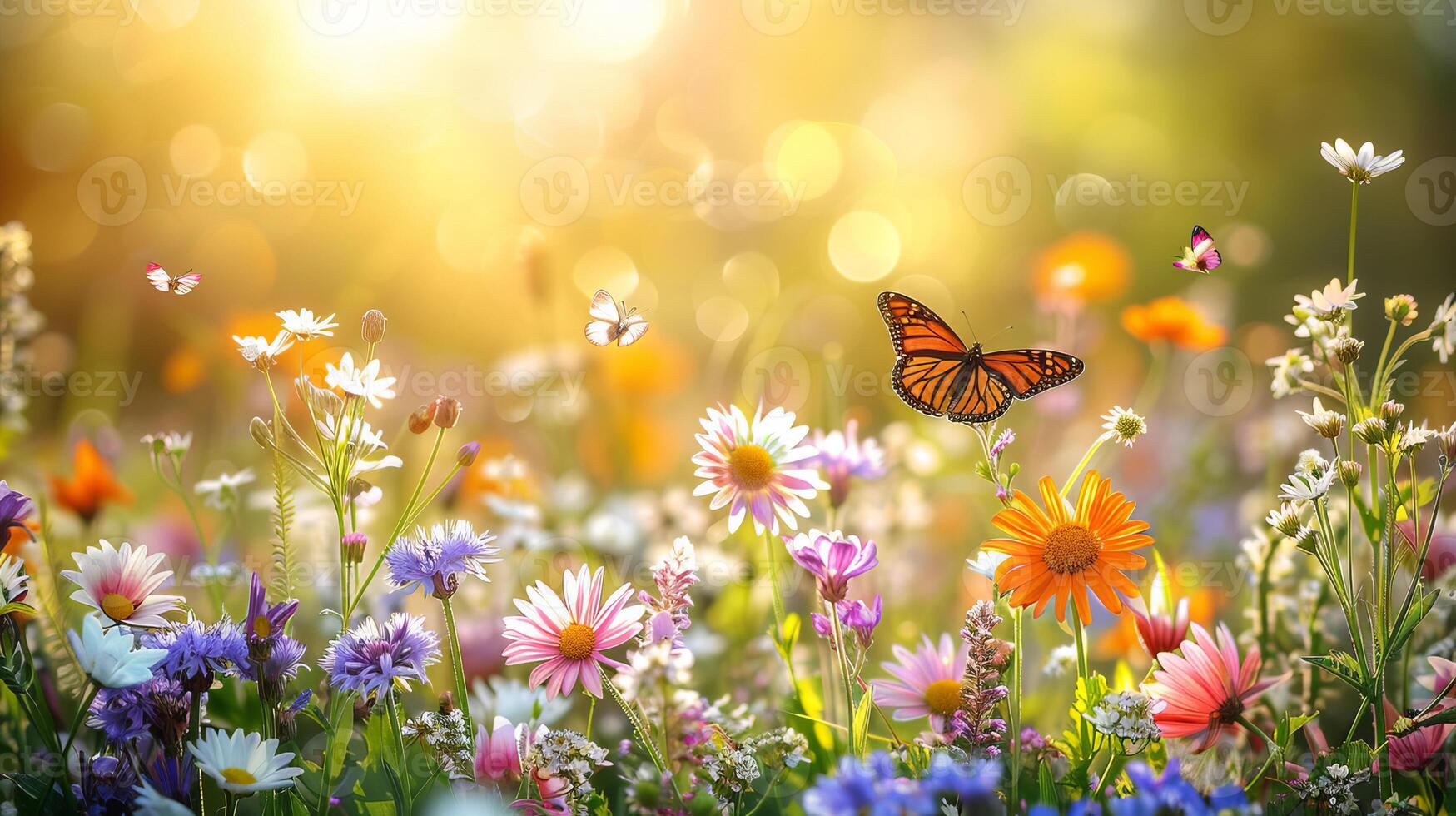 Summer meadow with blooming flowers, herbs and butterflies. photo