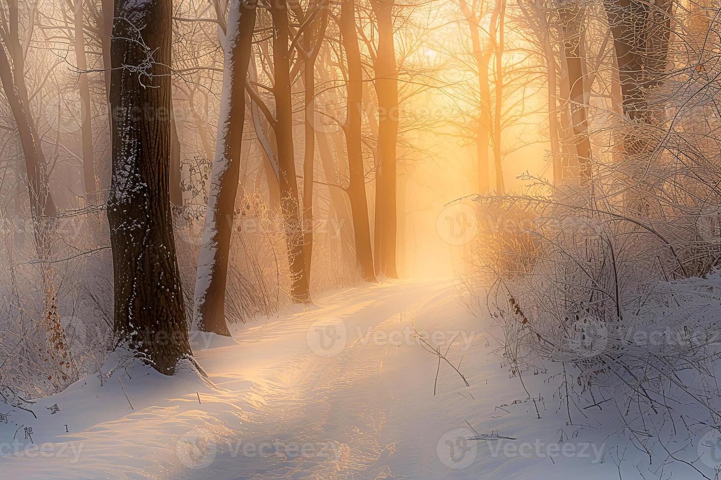 A wintery landscape with a forest path. . photo