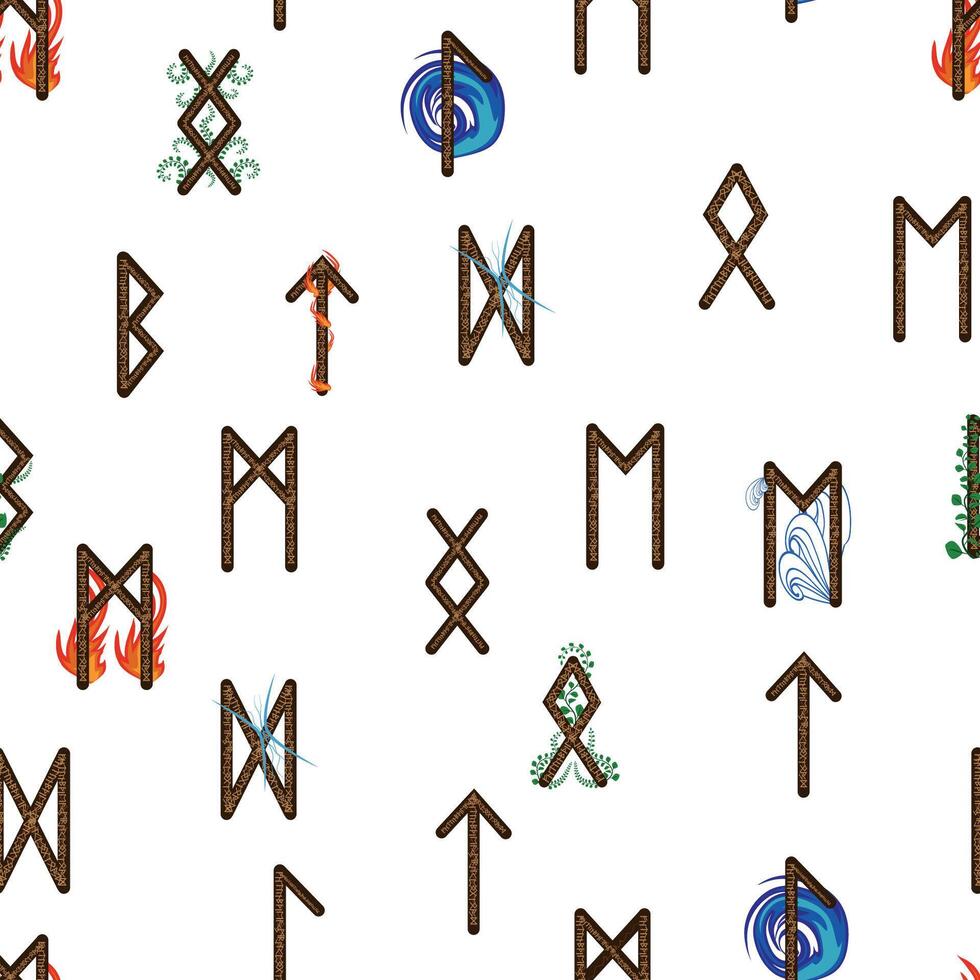 Hand drawn runic letters seamless pattern with elemental symbols. Magic signs and symbols of Scandinavian culture vector