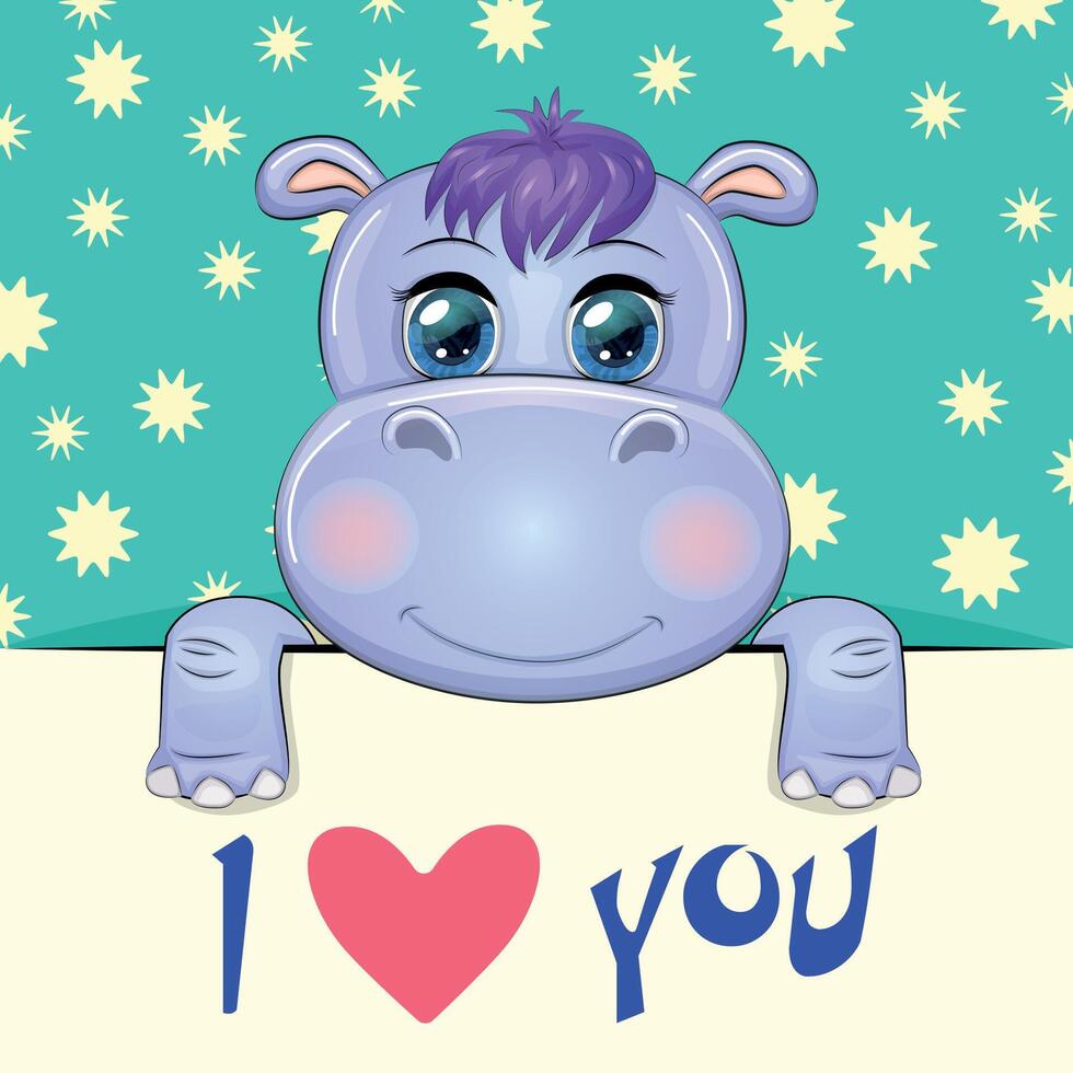 Love you valentine's day greeting card with animal. Cute hero with beautiful eyes, expressive vector