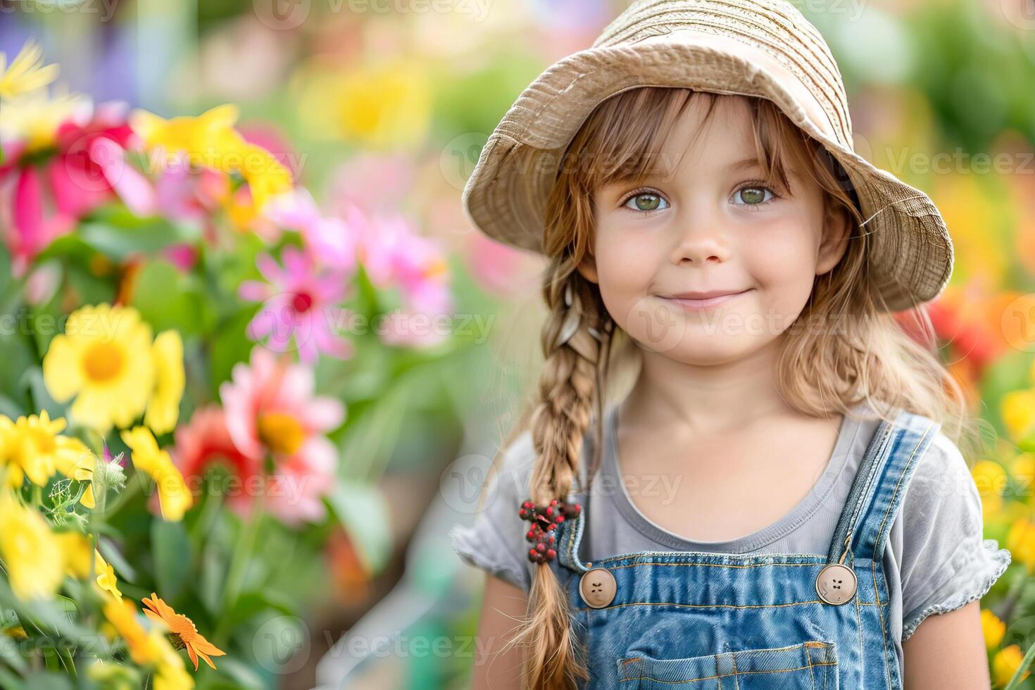 Happy girl in overalls and hat doing gardening in a garden. photo