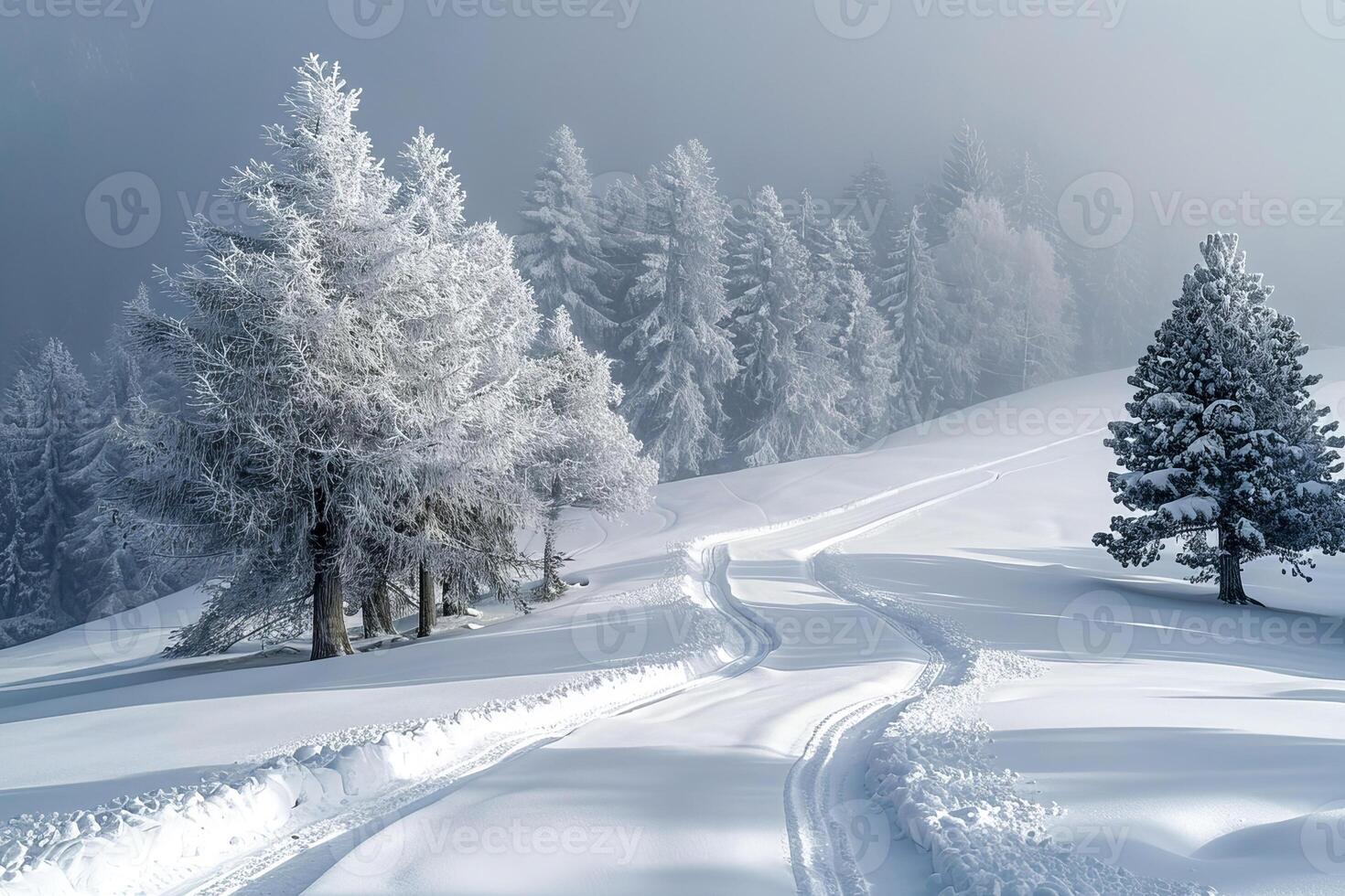 A wintery landscape with a forest path. . photo