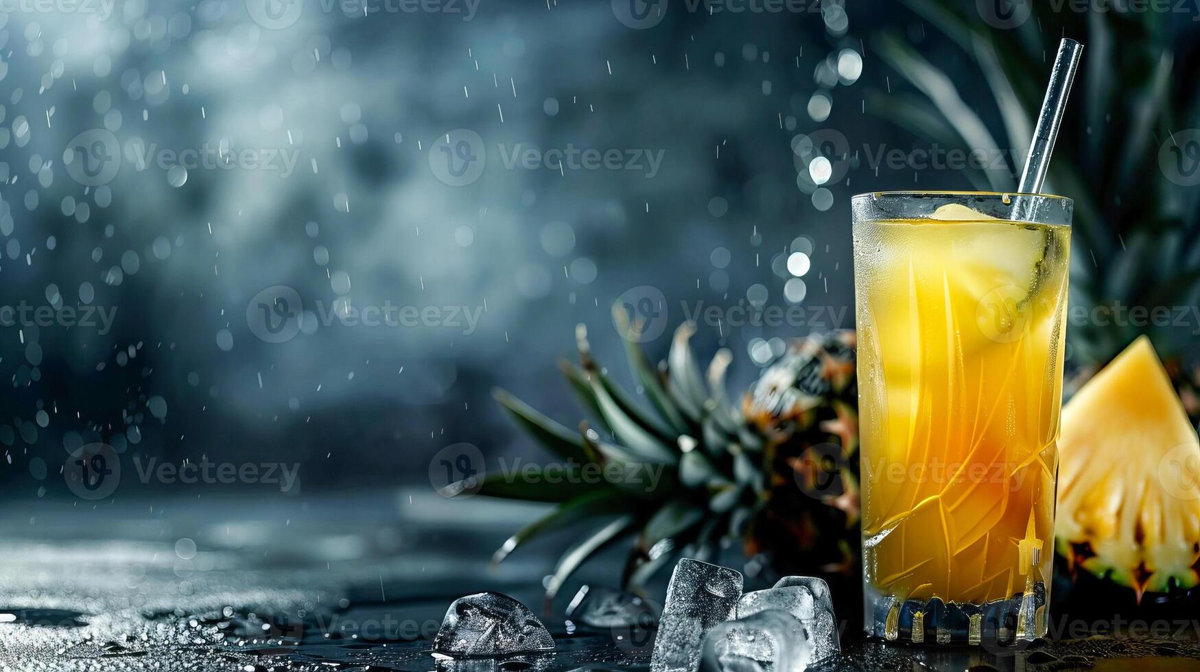 Glass with pineapple juice, pineappleand splashes of water. . photo