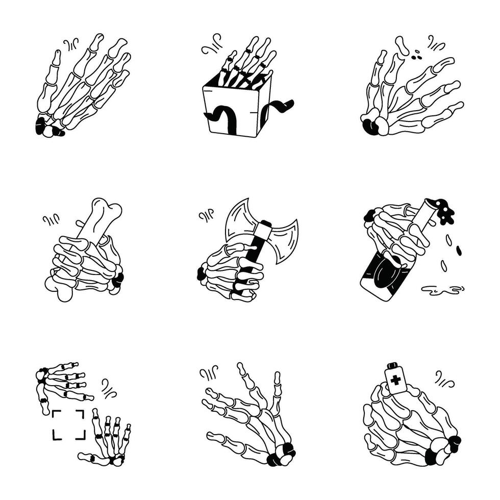 Set of Skeleton Bones Doodle Icons vector