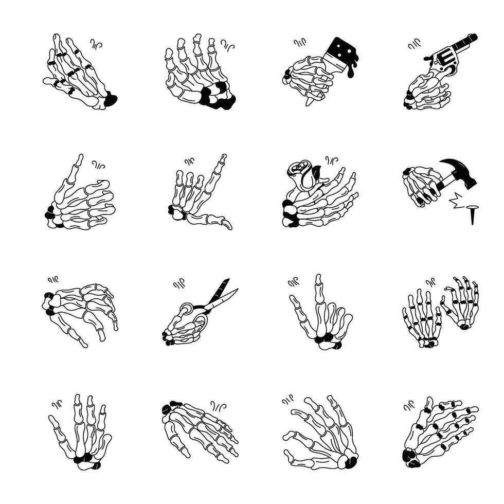 Bundle of Skeleton Bone Hands Doodle Icons vector
