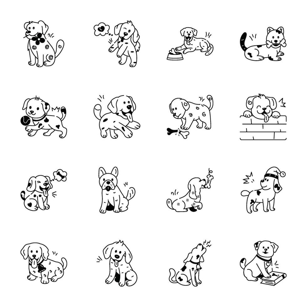 Handy Doodle Icons of Playing Dogs vector