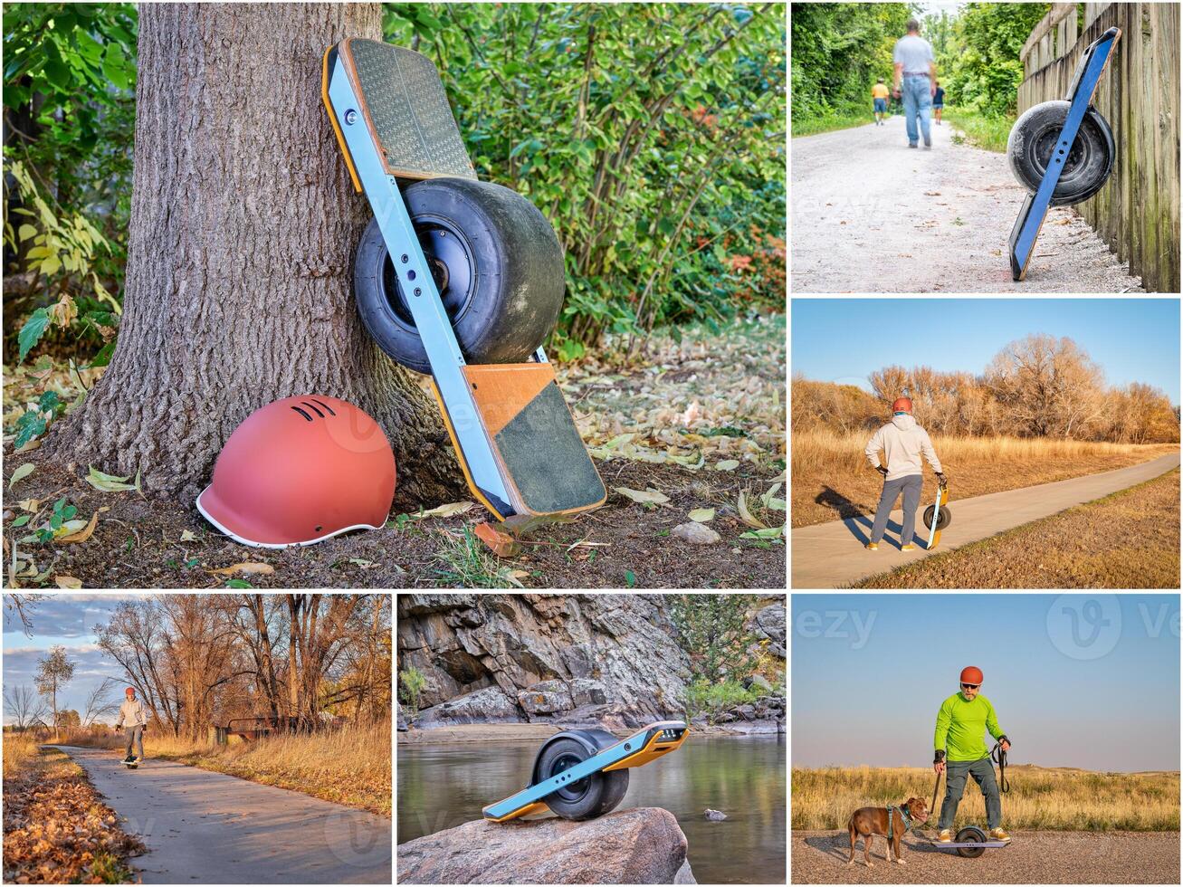 riding one wheeled electric skateboard on bike trails photo