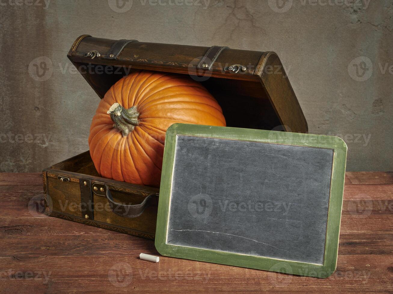 large pumpkin in a small retro suitcase photo