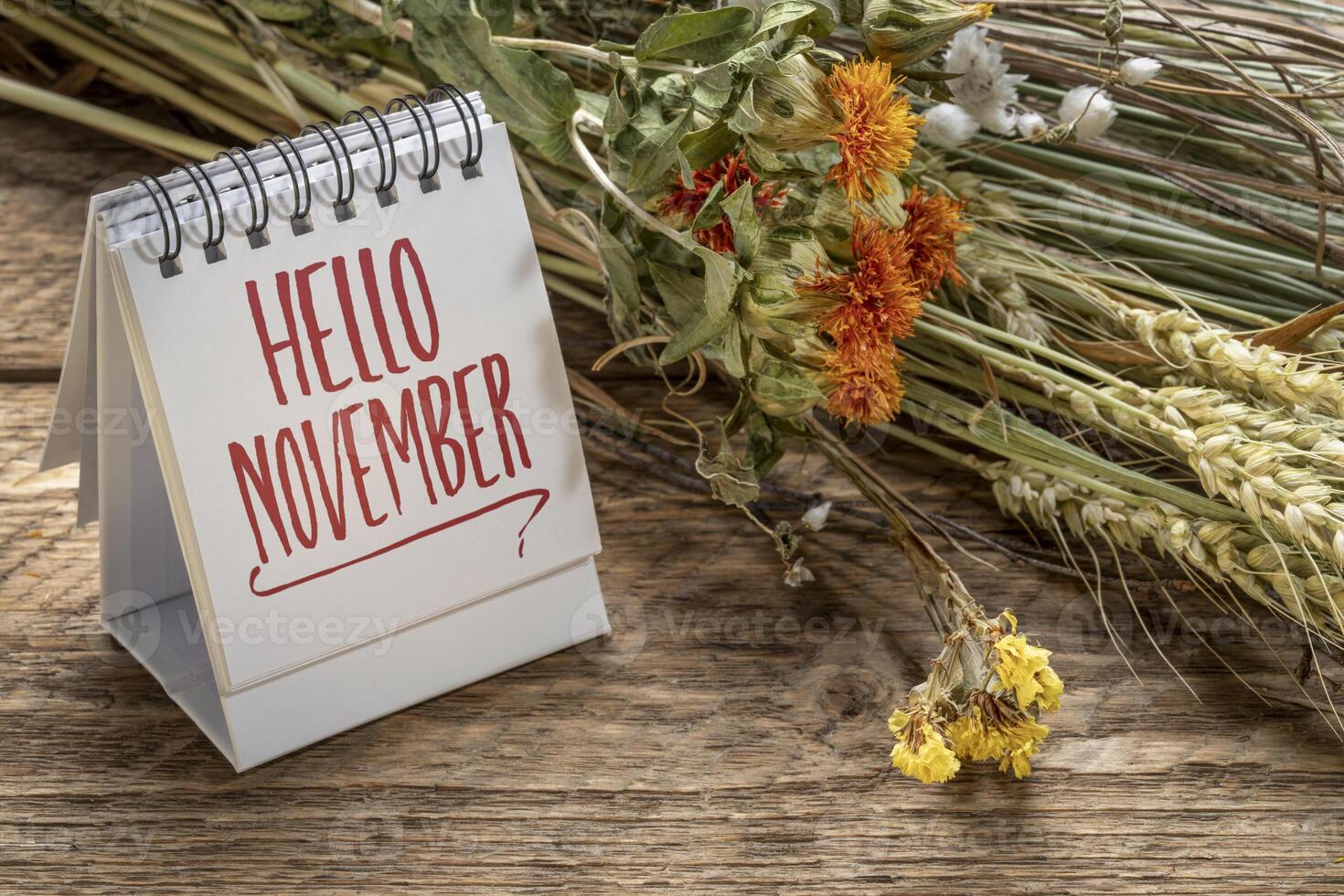 Hola noviembre Bienvenido Nota en un espiral escritorio calendario con floral ramo de flores de seco flores y grano tallos, temporada y calendario concepto foto