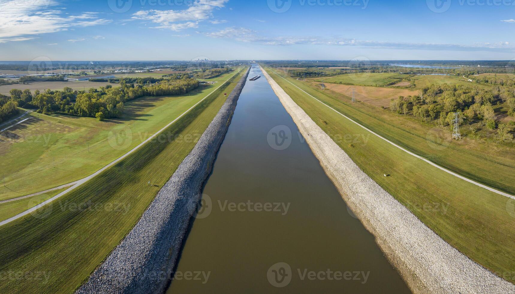 Chain of Rock Bypass Canal of Mississippi River above St Louis, aerial view with distant barges photo