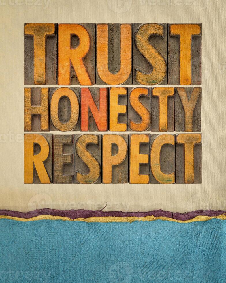 trust honesty and respect word abstract in vintage letterpress wood type on art paper, core values concept photo
