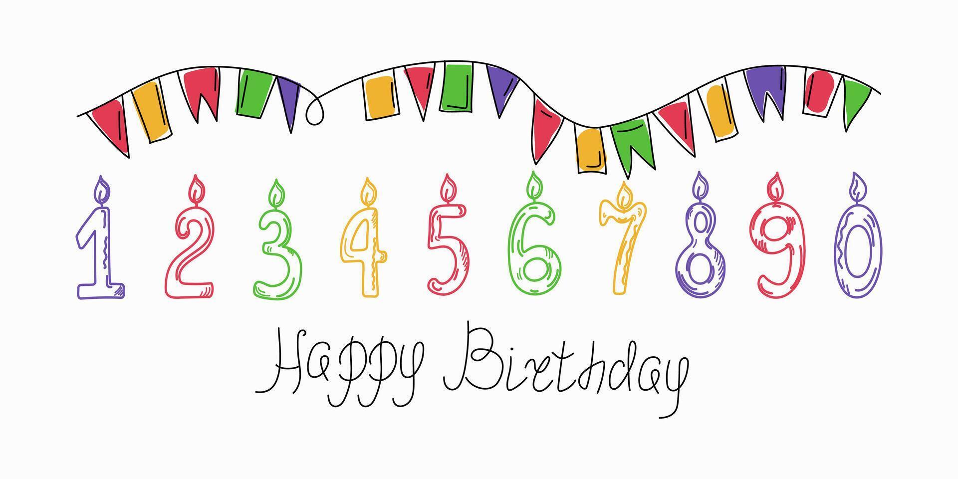 Flags, garlands and numbers with candles in doodle style. Happy birthday, hand lettering, drawings, sketch. Numbers from 1 to 10. Holiday decorations, card design, banner. vector