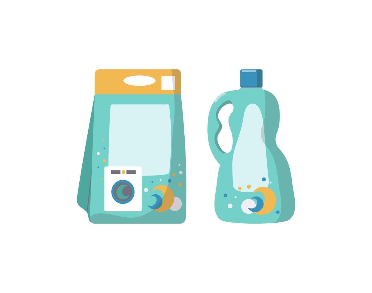 conjunto de detergentes para Lavado ropa en el Lavado máquina. bolso y botella con casa productos quimicos ilustración, blanco aislado antecedentes. vector