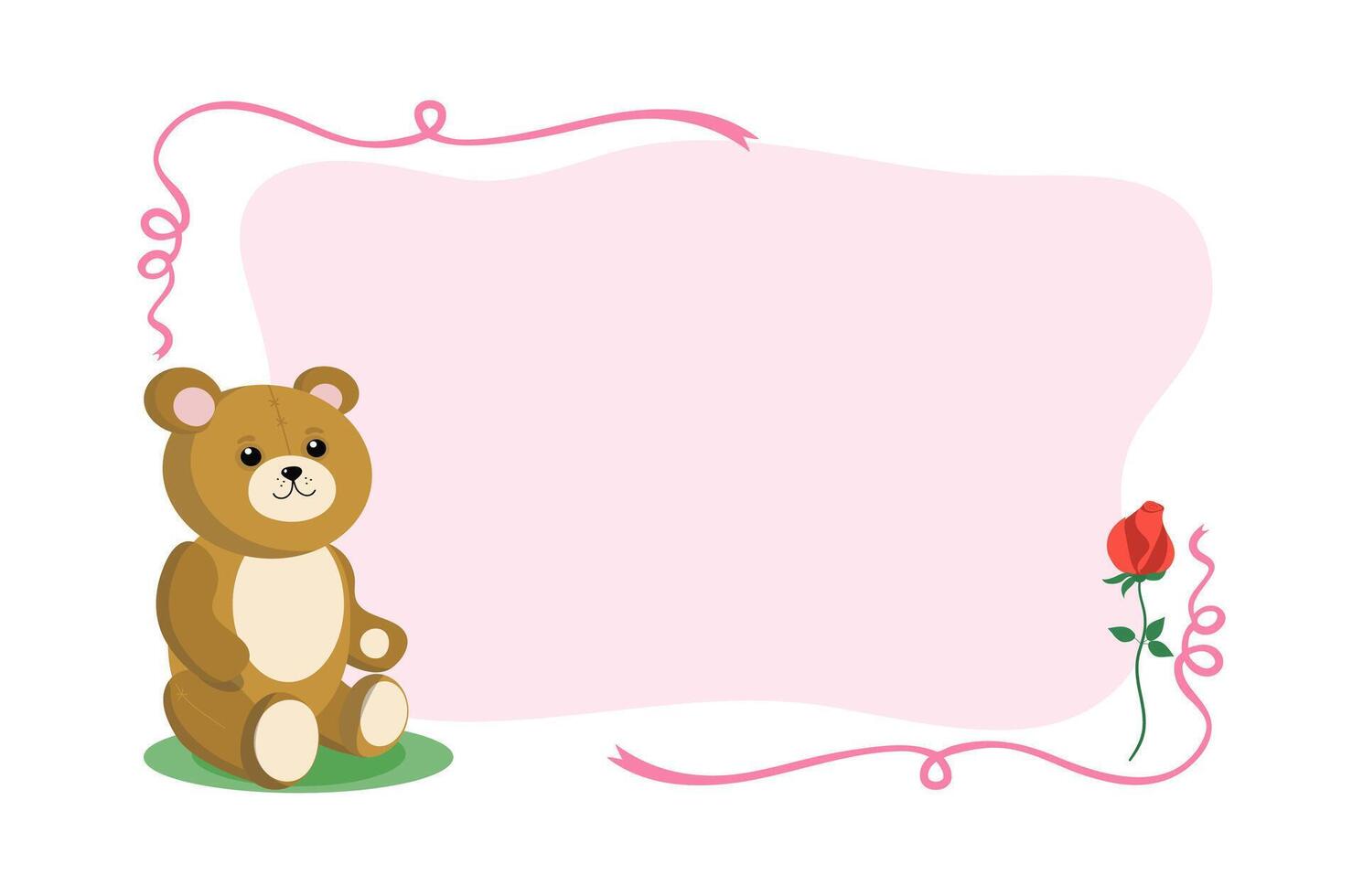 Frame, postcard, flyer mockup. Cute toy teddy bear with a flower, rose. A smiling teddy bear is sitting. Soft cartoon toy. Place for inscriptions. illustration on white background vector