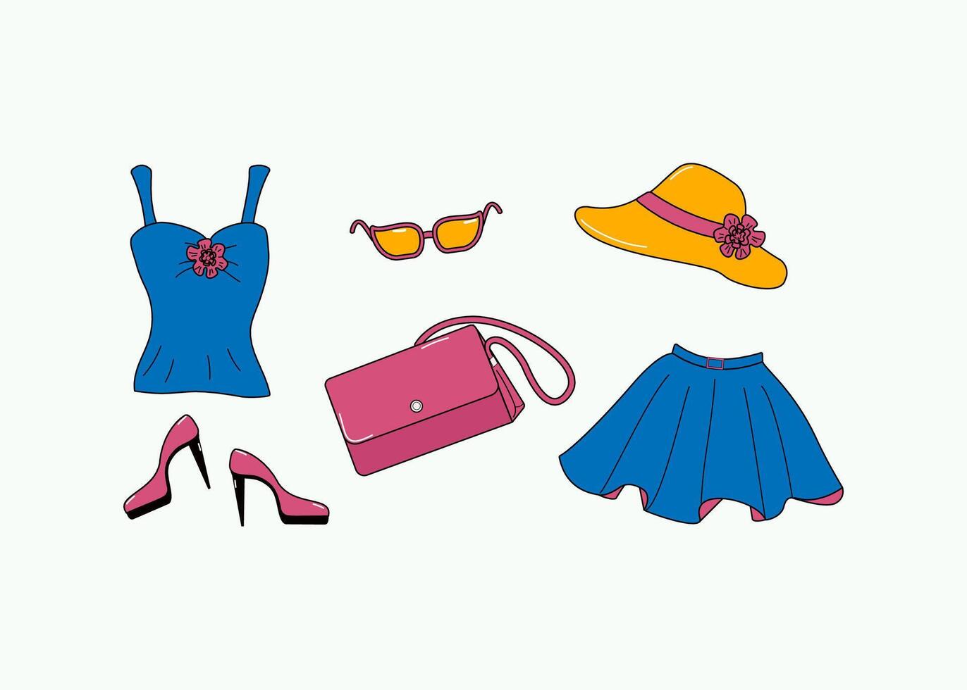 Clothes, shoes and accessories. Set of icons. Summer, vacation. vector