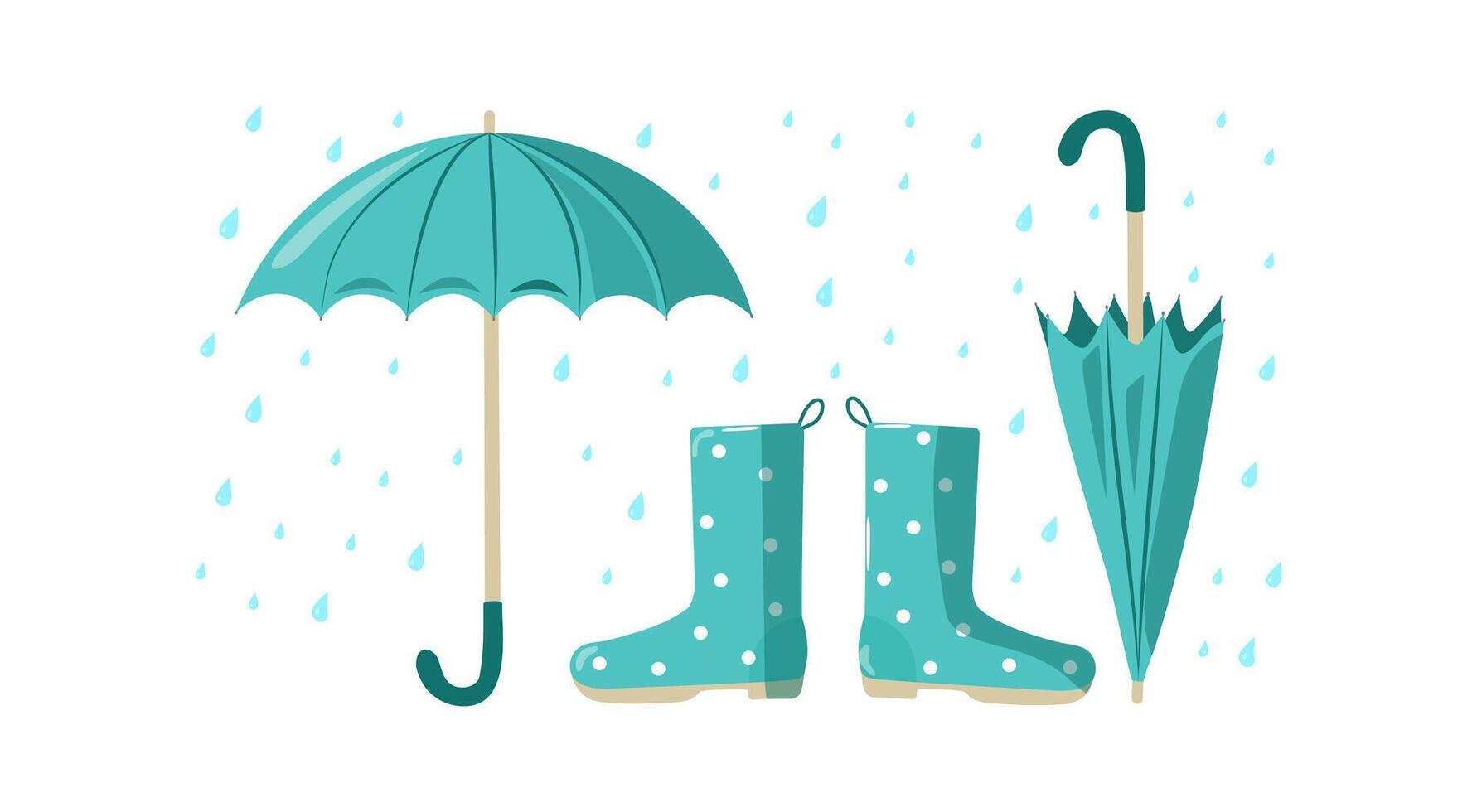 Open umbrella, closed umbrella, shoes, rubber boots. Bright umbrella and raindrops. Rain season. Rainy weather, drop of water. Flat style. illustration, isolated background. vector